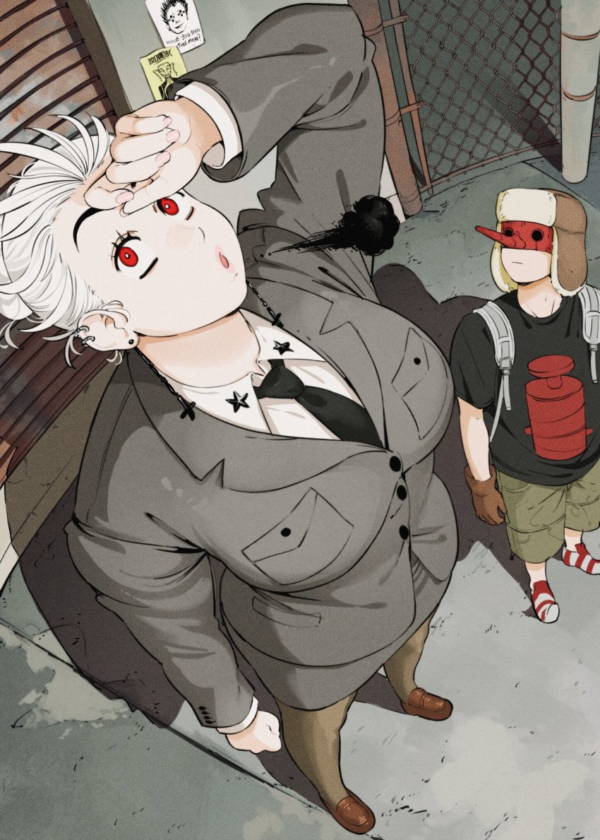 1boy, 1girl, :o, alternate_hairstyle, arm_up, arms_at_sides, backpack, bag, black_necktie, black_shirt, breast_pocket, breasts, breath, brown_gloves, brown_hat, brown_shoes, brown_shorts, building, business_suit, buttons, cargo_shorts, chain-link_fence, closed_mouth, collared_shirt, cross_earrings, door, dorohedoro, ear_piercing, earrings, english_text, expressionless, eye_mask, fence, flyer, formal_clothes, from_above, fujita_(dorohedoro), full_body, giganticbuddha, gloves, grey_jacket, grey_skirt, hair_bun, hat, have_you_seen_this_man_(meme), highres, inverted_cross, inverted_cross_earrings, jacket, jewelry, large_breasts, long_sleeves, looking_at_another, looking_up, mask, meme, multicolored_shoes, necktie, noi_(dorohedoro), office_lady, open_mouth, outdoors, pantyhose, pencil_skirt, perspective, piercing, pocket, poster_(object), red_eyes, red_shoes, shadow, shirt, shoes, short_hair, short_sleeves, shorts, sidewalk, skirt, smoke, standing, stud_earrings, suit, t-shirt, tareme, this_man, two-tone_shoes, ushanka, white_hair, white_shirt, white_shoes