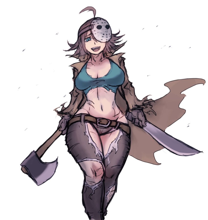 1girl, abs, axe, bishoujo_terror, black_gloves, black_pants, blue_eyes, breasts