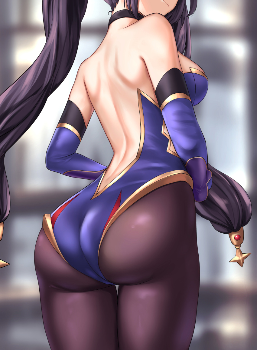 1girl, absurdres, ass, bare_shoulders, black_hair, blue_leotard, breasts, brown_pantyhose
