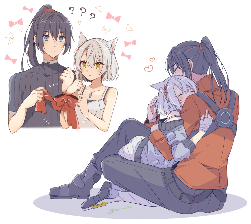 1boy, 1girl, bare_arms, black_hair, blue_eyes, camisole, chest_jewel, fingerless_gloves, gloves, heart, hetero, hug, jacket, mini_mamu, mio_(xenoblade), noah_(xenoblade), pants, ponytail, red_jacket, short_sleeves, simple_background, white_background, white_camisole, white_gloves, xenoblade_chronicles_(series), xenoblade_chronicles_3, yellow_eyes