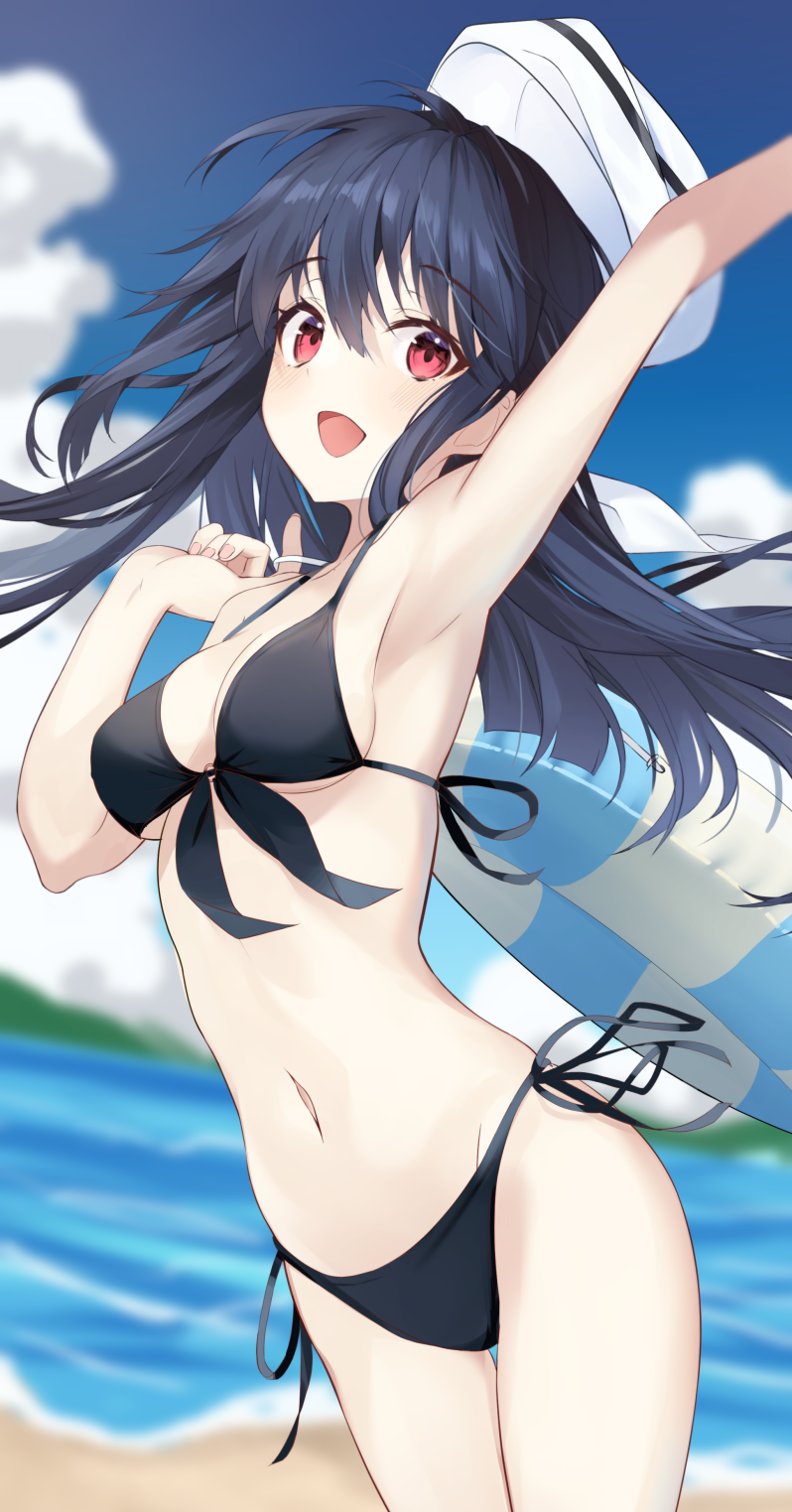 1girl, amamiya_yuuko, beach, bikini, black_bikini, black_hair, blue_sky, blurry