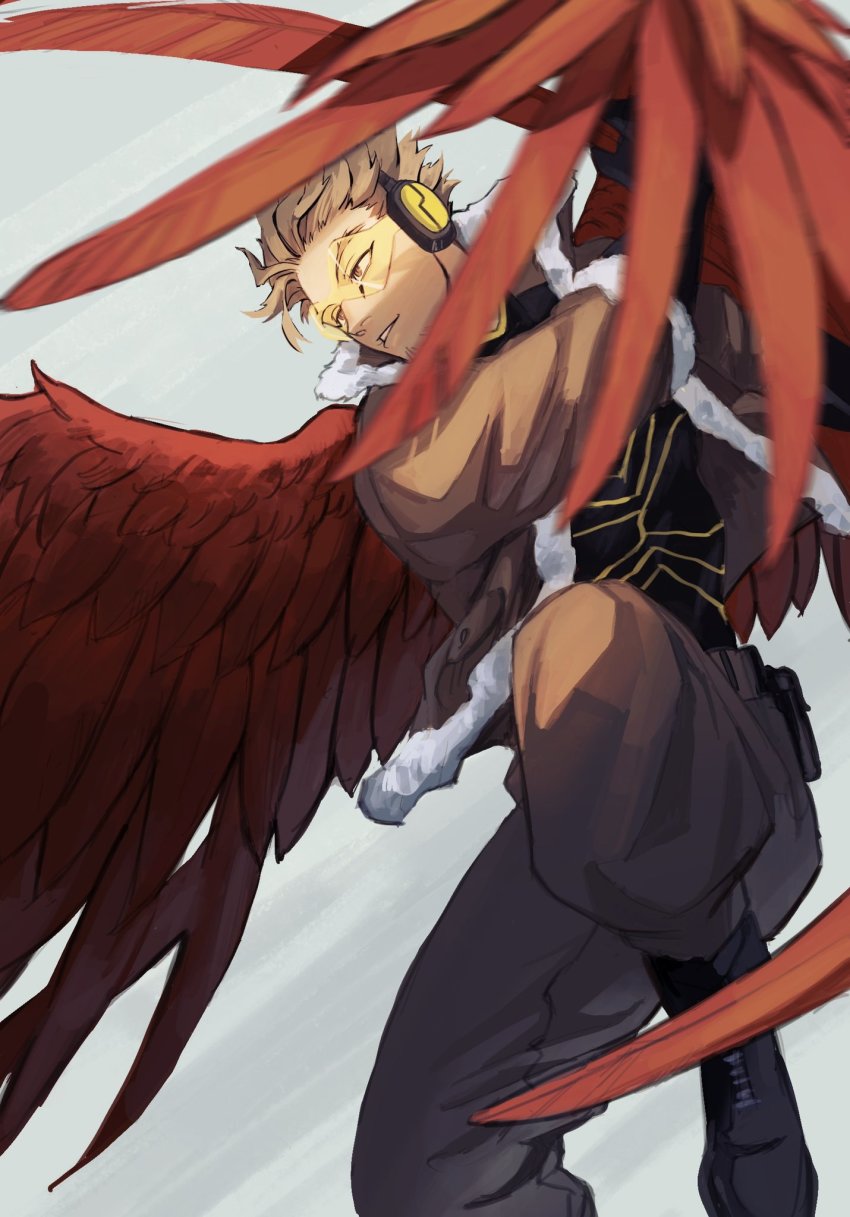 1boy, blonde_hair, boku_no_hero_academia, bomber_jacket, boots, brown_pantyhose, commentary, facial_hair, feathered_wings, feathers, gloves, goggles, hawks_(boku_no_hero_academia), headphones, highres, holding, holding_feather, jacket, kogu_(nue_insideout), male_focus, pantyhose, parted_lips, red_feathers, red_wings, short_hair, solo, spiked_hair, stubble, untranslatable_commentary, tinted_eyewear, wings, yellow-tinted_eyewear