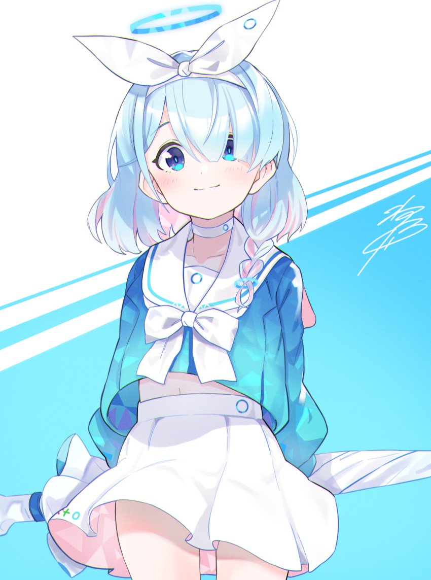 1girl, arms_behind_back, arona_(blue_archive), blue_archive, blue_eyes, blue_hair, blue_shirt, blue_sleeves