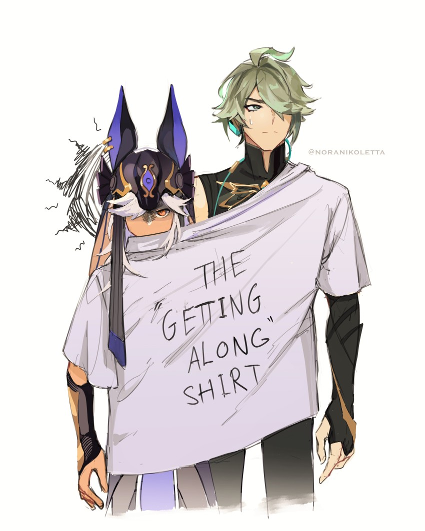 2boys, absurdres, ahoge, alhaitham_(genshin_impact), angry, animal_ear_headwear, animal_ears, black_headwear