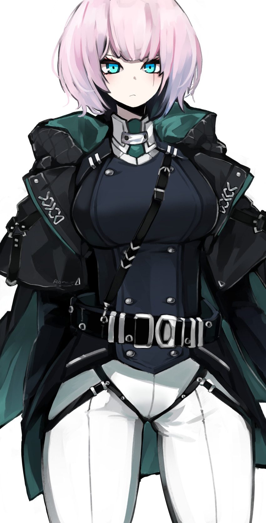 1girl, absurdres, arms_behind_back, belt, blue_eyes, breasts, counter:side, ella_(counter:side), green_jacket, highres, jacket, large_breasts, light_frown, long_sleeves, looking_at_viewer, medium_hair, pants, shirt, solo, standing, strap, white_hair, zanlyu