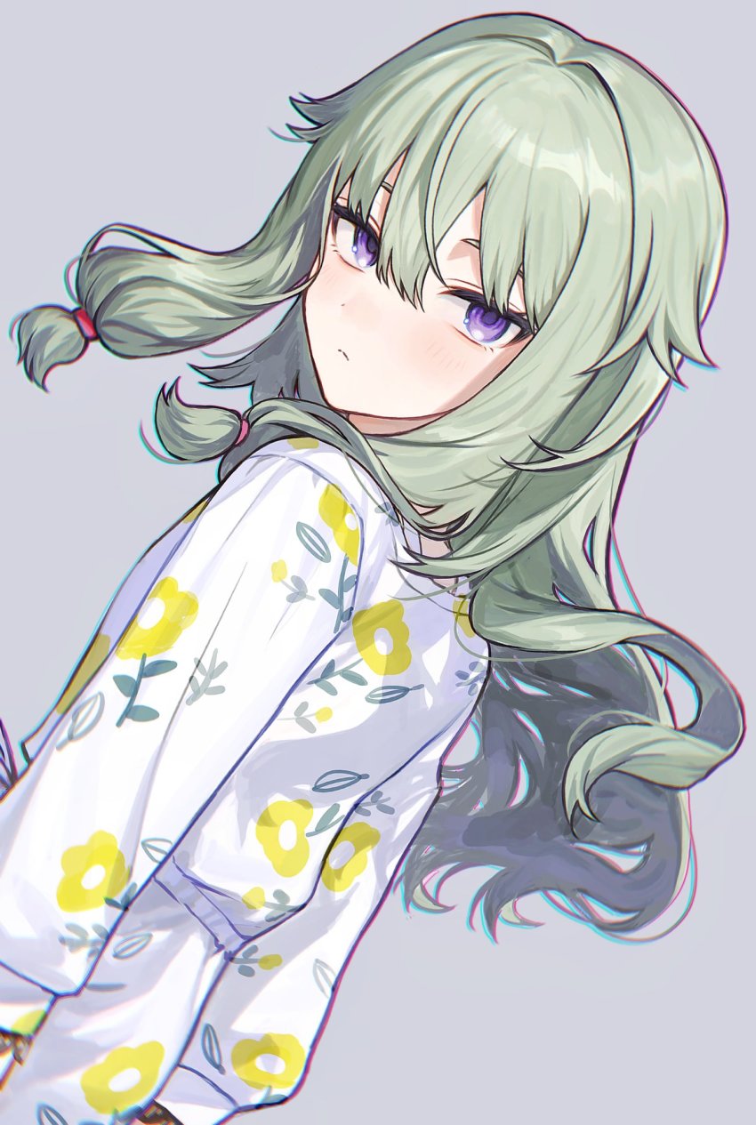 1girl, closed_mouth, commentary_request, dress, dutch_angle, floating_hair, floral_print, fujishiro74, green_hair, hair_flaps, hair_tie, highres, kusanagi_nene, light_blush, long_hair, long_sleeves, looking_at_viewer, low-tied_long_hair, print_dress, project_sekai, purple_eyes, sidelocks, solo, upper_body, white_dress