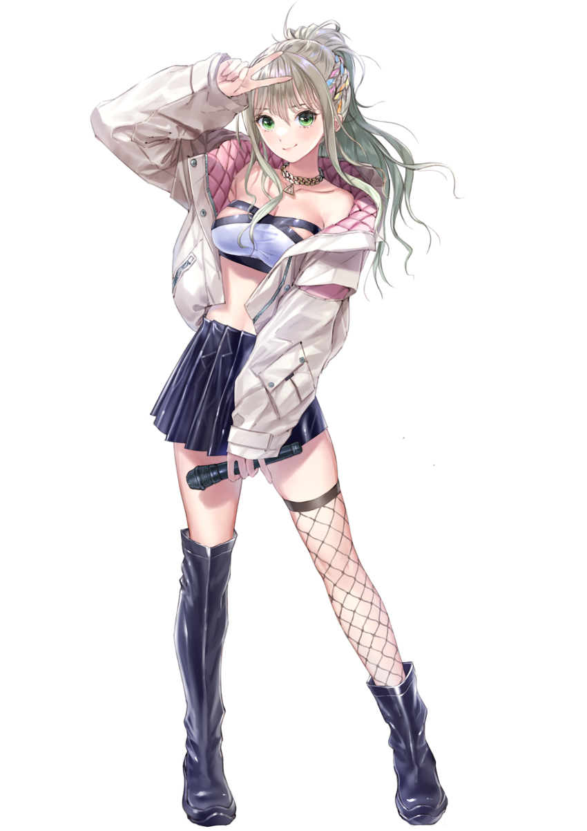 1girl, absurdres, breasts, green_eyes, highres, holding, jewelry, kishida_mel, long_hair, looking_at_viewer, matsunaga_iori, necklace, open_mouth, ponytail, riot_music, smile, solo, virtual_youtuber, white_background