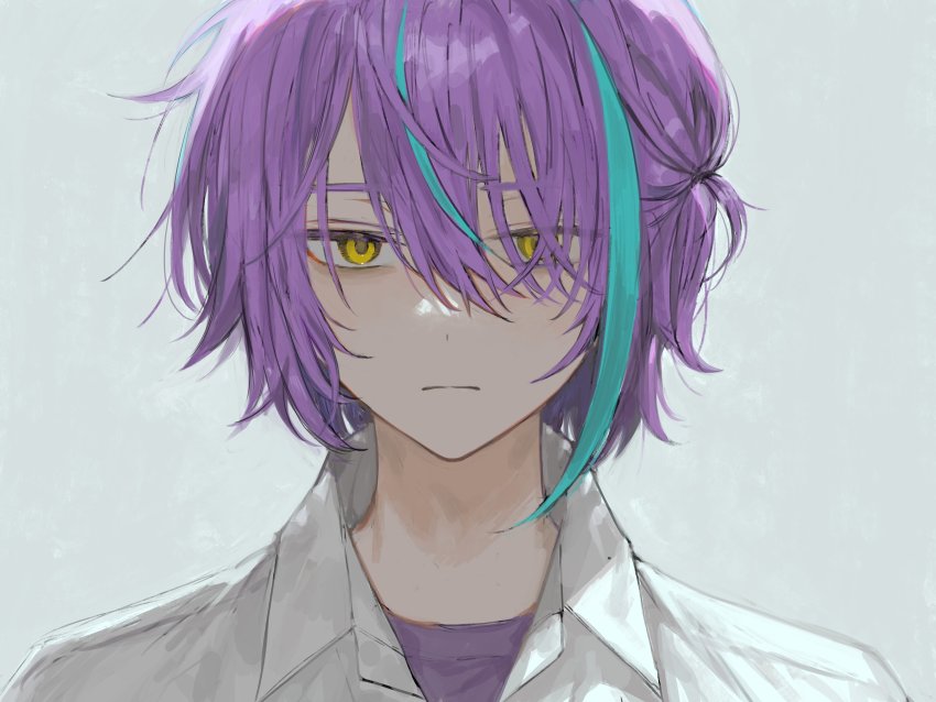 1boy, absurdres, aged_down, blue_hair, closed_mouth, commentary_request, empty_eyes, fujishiro74, highres, kamishiro_rui, kamishiro_rui_(middle_school), male_focus, multicolored_hair, one_side_up, portrait, project_sekai, purple_eyes, purple_hair, purple_shirt, shirt, simple_background, solo, streaked_hair, white_background, white_shirt, yellow_eyes