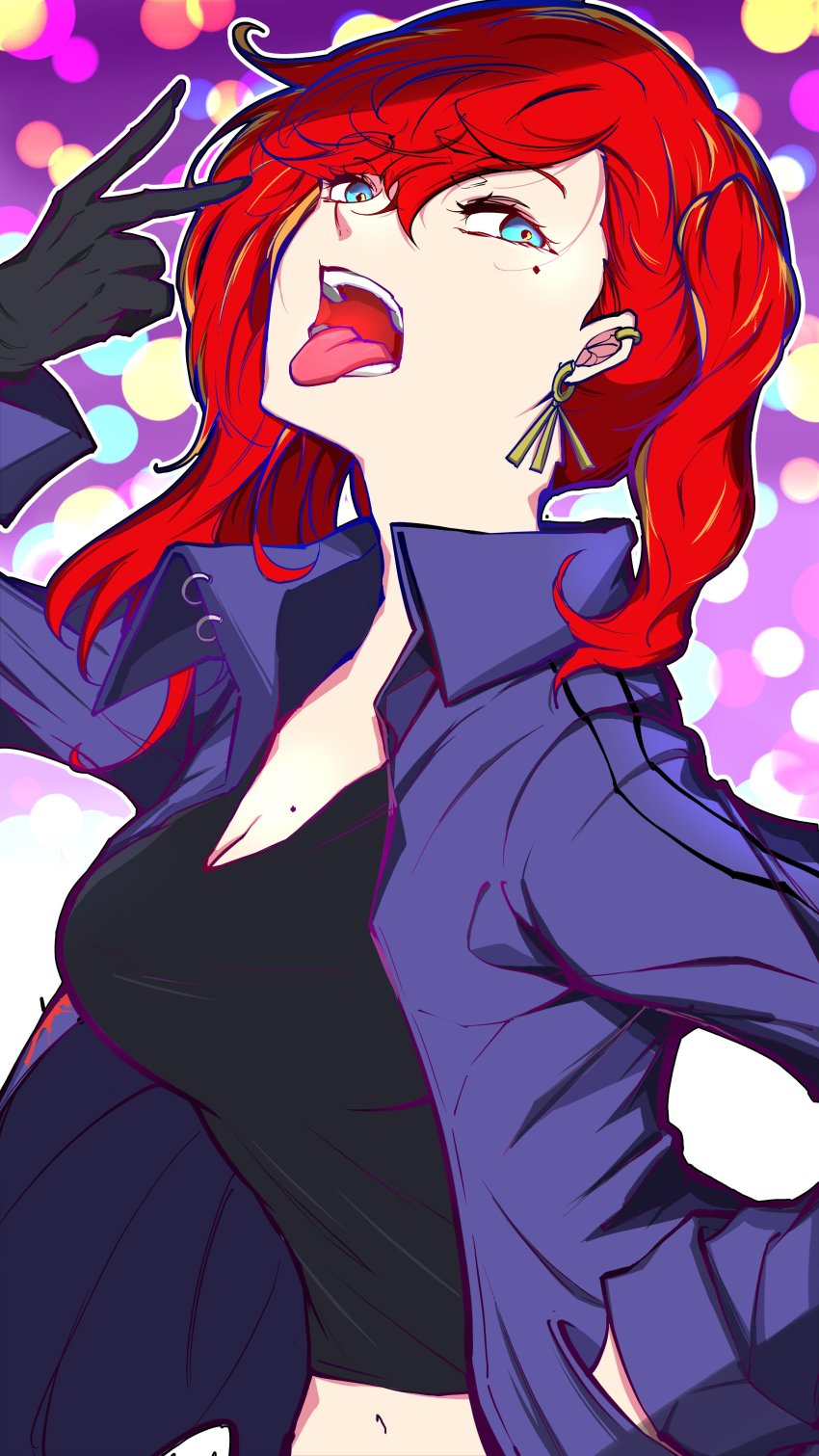 1girl, absurdres, black_gloves, black_shirt, blue_eyes, blurry, bokeh, breasts