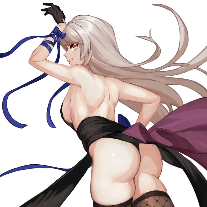 1girl, ass, backless_outfit, bad_id, bad_pixiv_id, bare_shoulders, black_gloves, black_panties, breasts, counter:side, from_behind, gloves, hand_on_own_hip, highres, hilde_(counter:side), long_hair, official_alternate_costume, omgwtfyawp, panties, sideboob, solo, thighhighs, thong, underwear, white_background, yellow_eyes