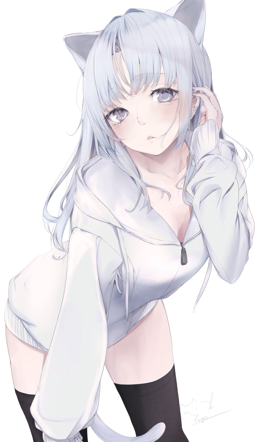 1girl, absurdres, animal_ears, bent_over, cat_ears, cat_tail, chunithm, hair_behind_ear