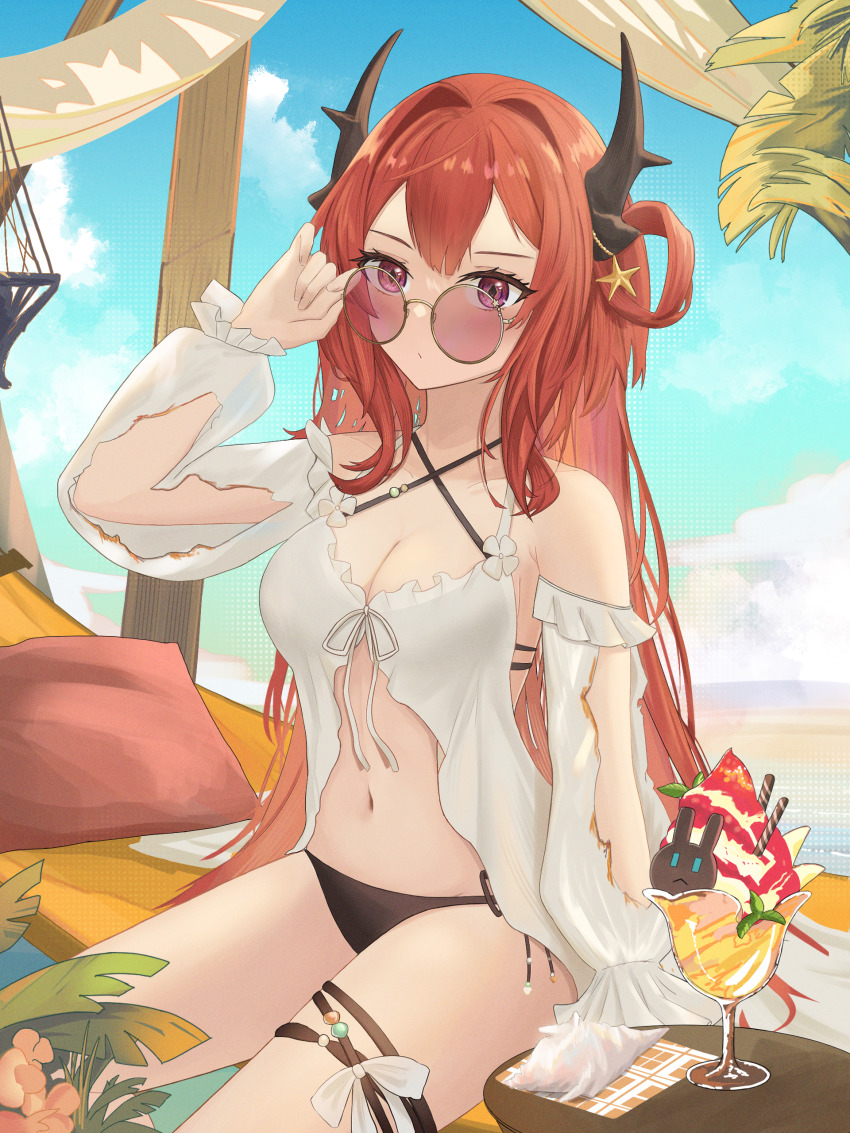 absurdres, adjusting_eyewear, arknights, arm_up, bare_shoulders, bikini, black_bikini, black_ribbon