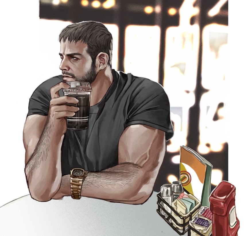 1boy, alleveolive, arm_hair, bara, black_hair, black_shirt, blue_eyes, chris_redfield