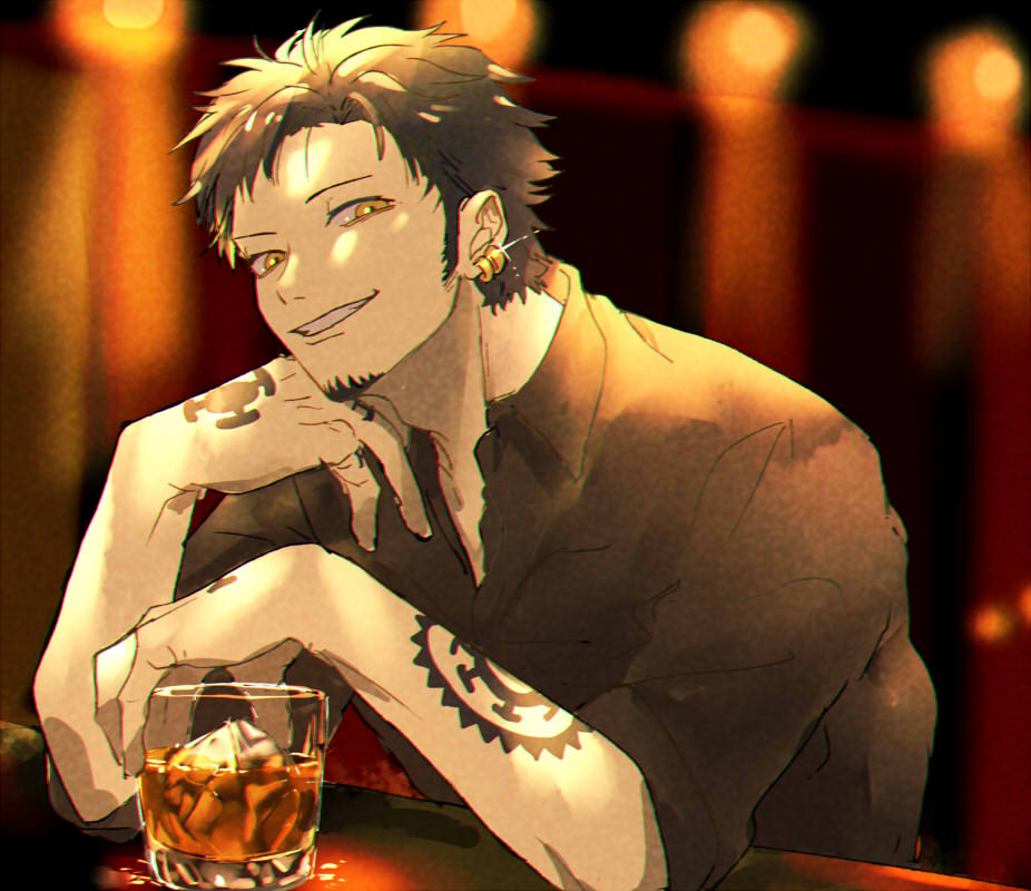 1boy, alcohol, arm_tattoo, black_hair, black_shirt, chizuko_(chiduk0), cup, drinking_glass