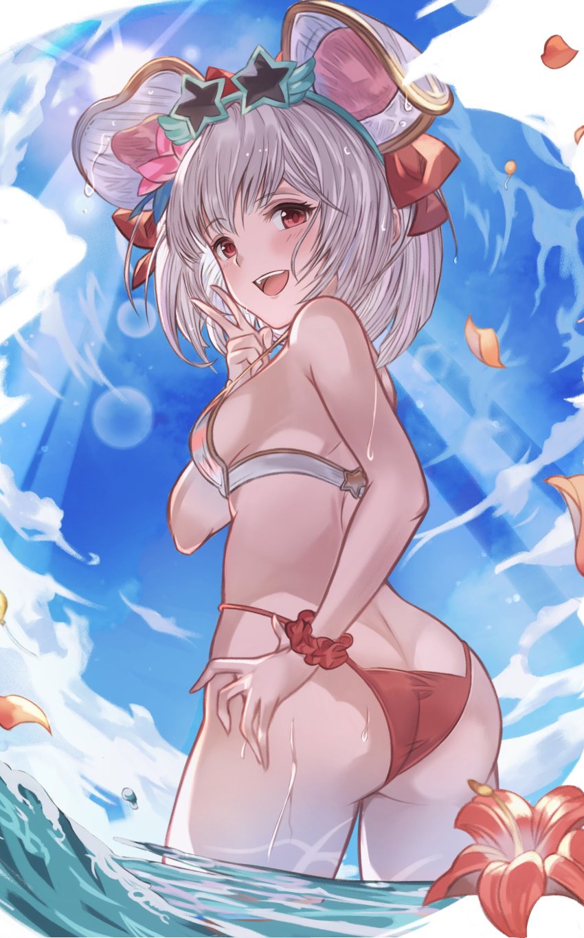 1girl, absurdres, animal_ears, arutoria_(187497382), ass, bikini, blue_sky, blush