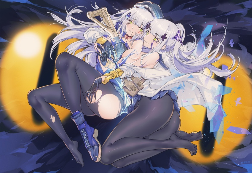 2girls, absurdres, ass, assault_rifle, breasts, chinese_commentary, clukay_(neural_cloud), commentary_request