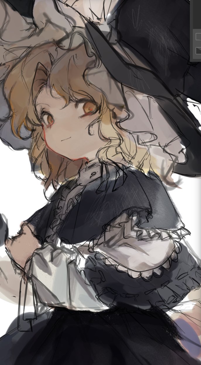 1girl, black_capelet, black_hat, black_skirt, blonde_hair, capelet, closed_mouth, commentary_request