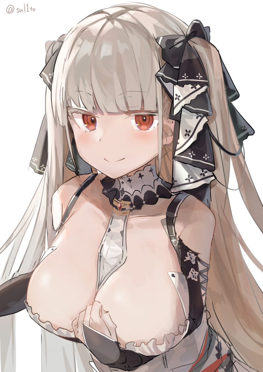 1girl, absurdres, azur_lane, bare_shoulders, between_breasts, black_ribbon, breasts, cleavage, clothing_cutout, dress, formidable_(azur_lane), frilled_dress, frills, gothic_lolita, grey_hair, hand_on_own_chest, highres, large_breasts, lolita_fashion, long_hair, looking_at_viewer, necktie, necktie_between_breasts, red_eyes, ribbon, shoulder_cutout, simple_background, solo, tsukikaze_aki, twintails, two-tone_dress, two-tone_ribbon, upper_body, very_long_hair, white_background, white_ribbon