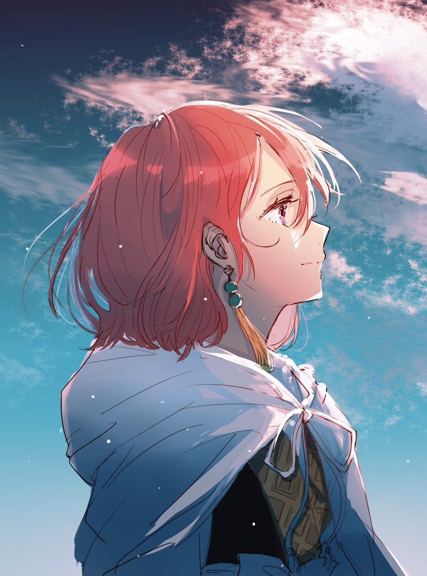 1girl, akatsuki_no_yona, cape, closed_mouth, earrings, from_side, hair_between_eyes, jewelry