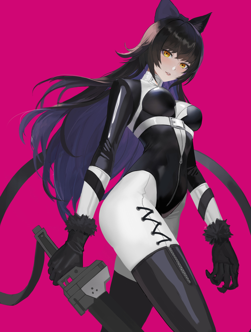 1girl, animal_ears, black_boots, black_bow, black_gloves, black_hair, black_leotard, blake_belladonna, bodysuit, boots, bow, breasts, breasts_apart, cat_ears, colored_inner_hair, cowboy_shot, floating_hair, from_side, fur-trimmed_gloves, fur_trim, gambol_shroud, gloves, hair_bow, highres, holding, holding_sword, holding_weapon, leotard, long_hair, looking_at_viewer, medium_breasts, multicolored_hair, parted_lips, purple_hair, red_background, rwby, simple_background, solo, sword, thigh_boots, two-tone_hair, very_long_hair, wang_xiao_jun, weapon, white_bodysuit, yellow_eyes