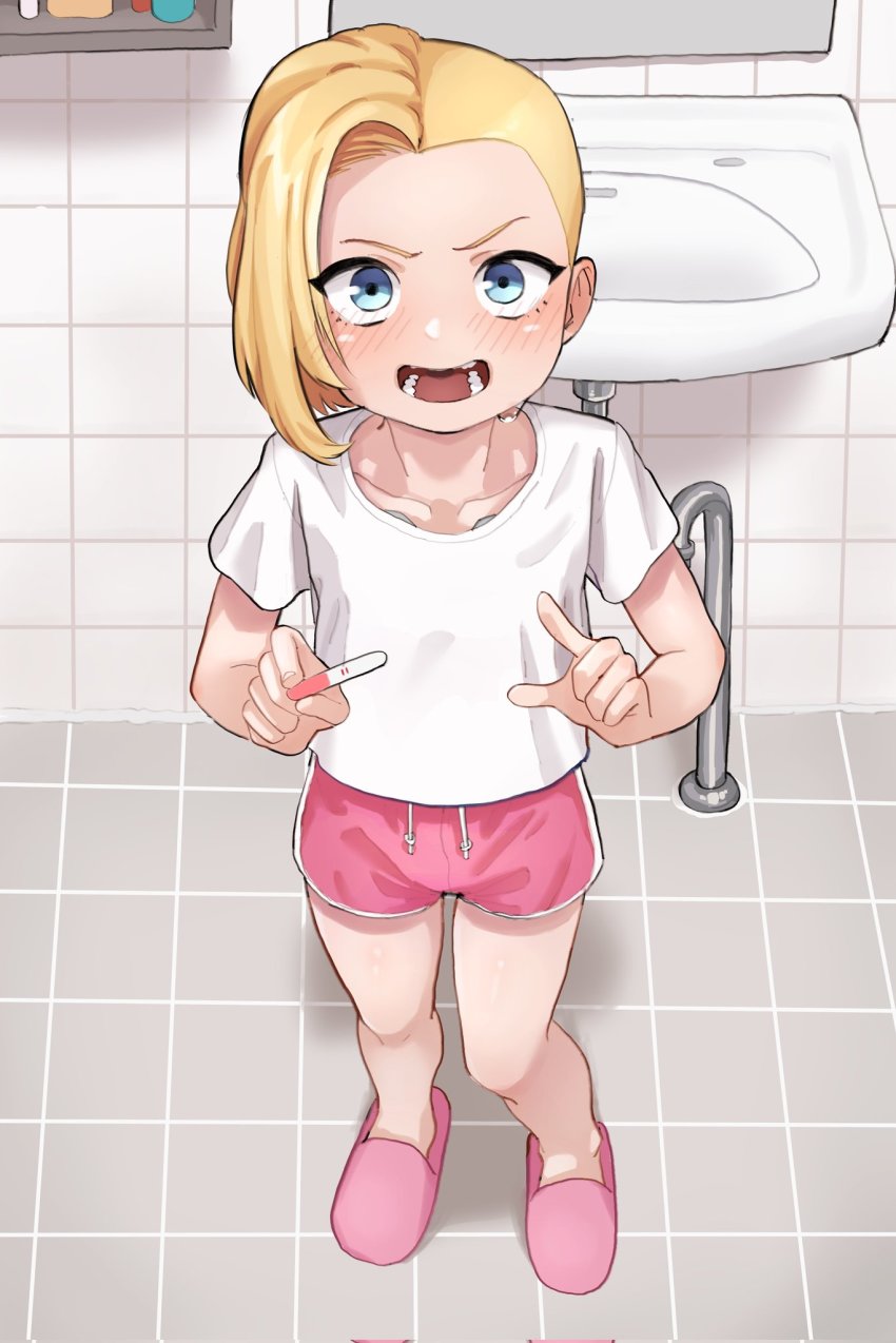 1girl, bathroom, blonde_hair, blue_eyes, blush, corrupted_twitter_file, dolphin_shorts, eyelashes, female_focus, full_body, happy, highres, holding, holding_pregnancy_test, loli, looking_down, onion_(tamanegi), open_mouth, original, pov, pregnancy_test, short_hair, short_shorts, shorts, sink, slippers, solo, standing
