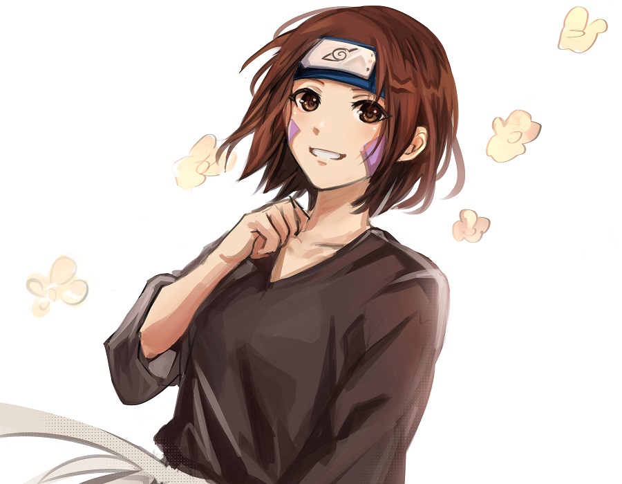 1girl, belt, black_shirt, blue_headband, breasts, brown_eyes, brown_hair, collarbone, facial_mark, facing_viewer, forehead_protector, grin, hand_up, happy, headband, konohagakure_symbol, looking_at_viewer, matching_hair/eyes, medium_breasts, naruto_(classic), naruto_(series), naruto_shippuuden, ninja, nohara_rin, parted_lips, shirt, short_hair, sketch, smile, solo, teeth, upper_body, utu310, white_background, white_belt