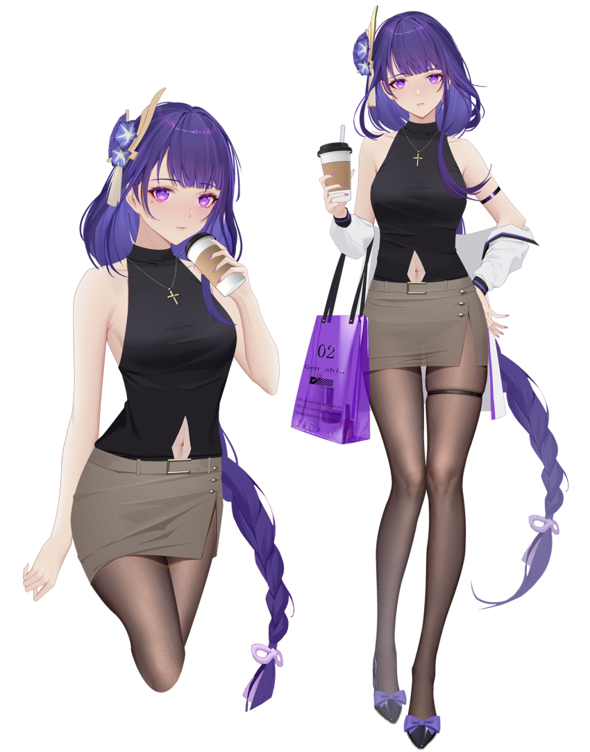 1girl, arm_strap, bare_arms, black_footwear, black_shirt, braid, breasts, clothing_cutout, cropped_legs, cross, cross_necklace, floating_hair, flower, full_body, genshin_impact, grey_skirt, hair_flower, hair_ornament, hand_on_own_hip, heart-heavenly5, highres, holding, jewelry, long_hair, long_legs, looking_at_viewer, low-braided_long_hair, low-tied_long_hair, medium_breasts, midriff, miniskirt, mole, mole_under_eye, nail_polish, navel_cutout, necklace, pantyhose, pencil_skirt, pink_nails, ponytail, purple_eyes, purple_flower, purple_footwear, purple_hair, raiden_shogun, shirt, side_slit, simple_background, skindentation, skirt, sleeveless, sleeveless_shirt, solo, standing, stomach, very_long_hair, white_background