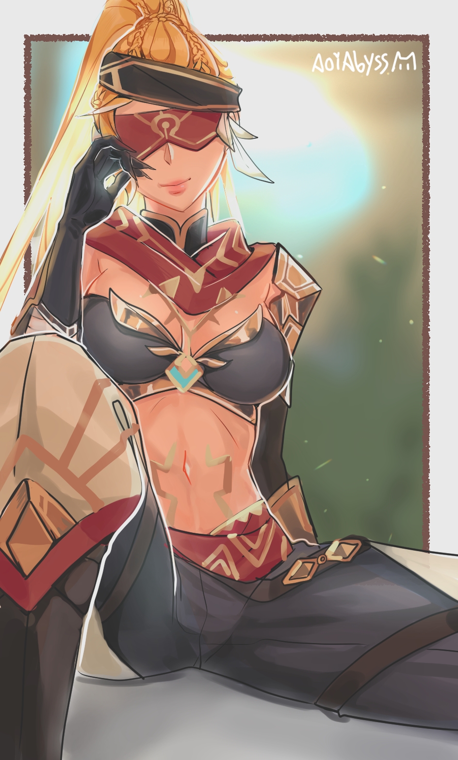 1girl, aoiabyss, armor, black_gloves, black_hairband, blindfold, blonde_hair, breasts