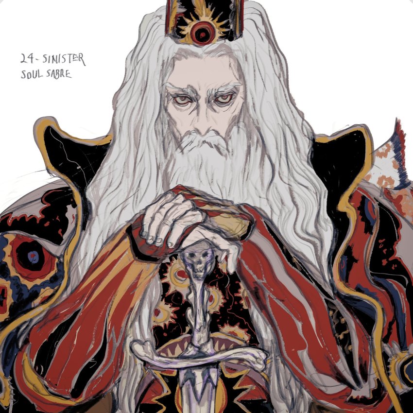 1boy, beard, emperor_gestahl, facial_hair, final_fantasy, final_fantasy_vi, highres, holding, holding_sword, holding_weapon, long_beard, oju_(ouka), old, old_man, simple_background, skull, square_enix, sword, weapon, white_background, white_hair