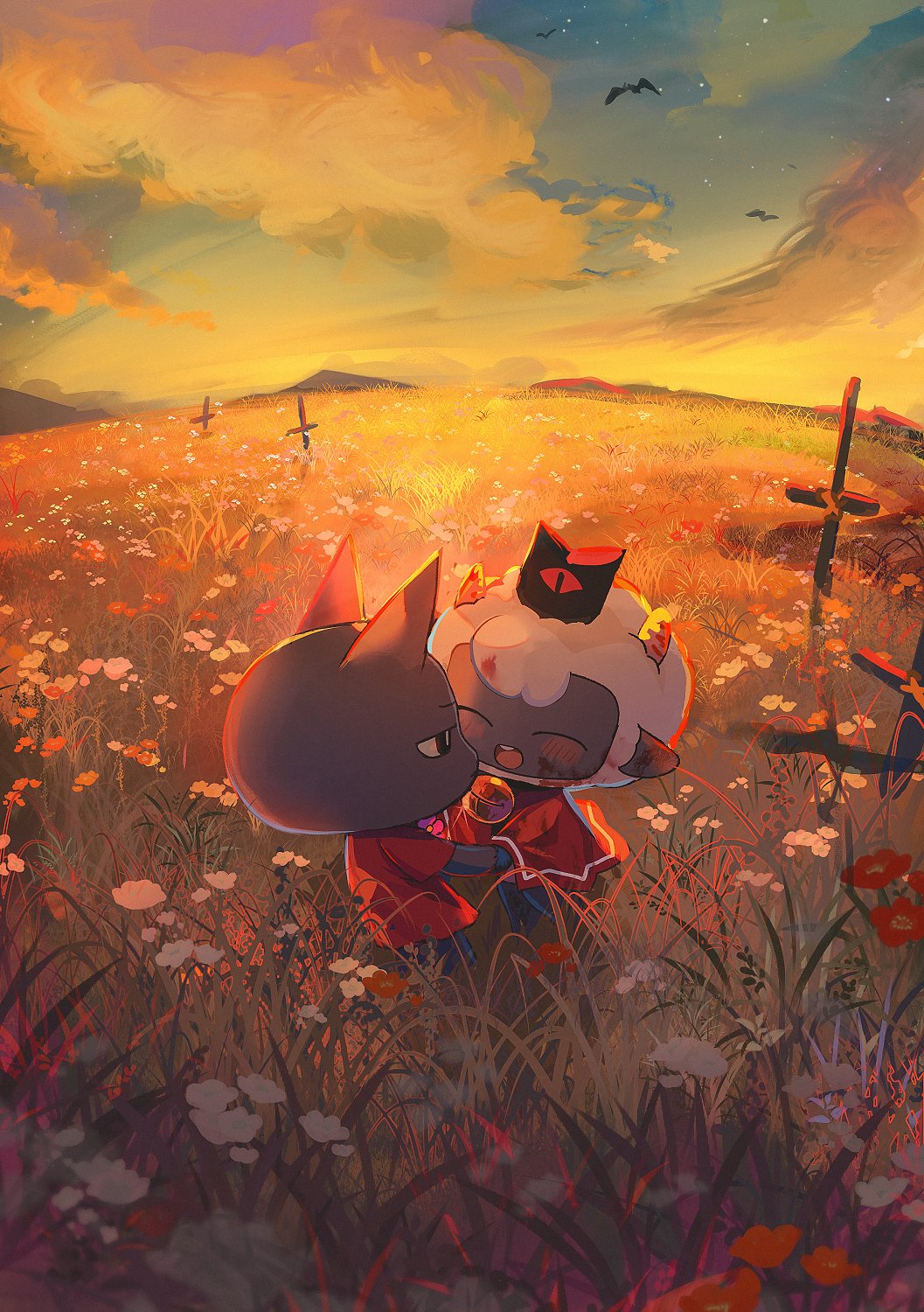 animal_ears, bird_wings, cat, cat_ears, cat_tail, cloud, cloudy_sky, criss-cross_suspenders, cult_of_the_lamb, field, flower, flower_field, furry, furry_female, furry_male, furry_with_furry, highres, horns, migishita, narinder_(cult_of_the_lamb), open_mouth, sheep, sheep_ears, sheep_horns, sky, sunset, tail, the_lamb_(cult_of_the_lamb), wings