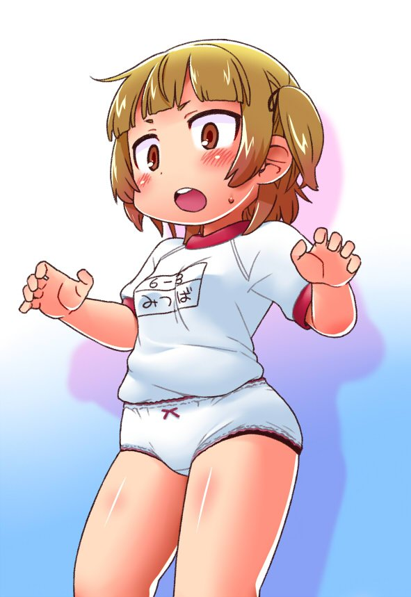 1girl, :o, bare_legs, blunt_bangs, blush, breasts, brown_eyes, brown_hair