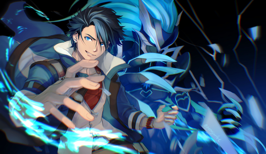 1boy, black_background, black_hair, blue_eyes, blue_jacket, bracelet, earrings, eiyuu_densetsu