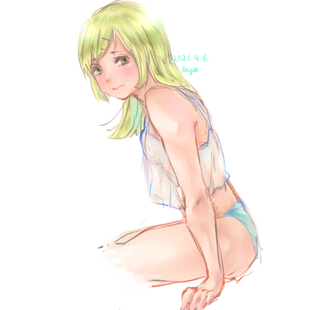 1girl, arm_support, bare_shoulders, blonde_hair, breasts, brown_eyes, closed_mouth, dated, feet_out_of_frame, from_side, looking_at_viewer, looking_to_the_side, medium_hair, original, shin1ar24, simple_background, small_breasts, solo, white_background