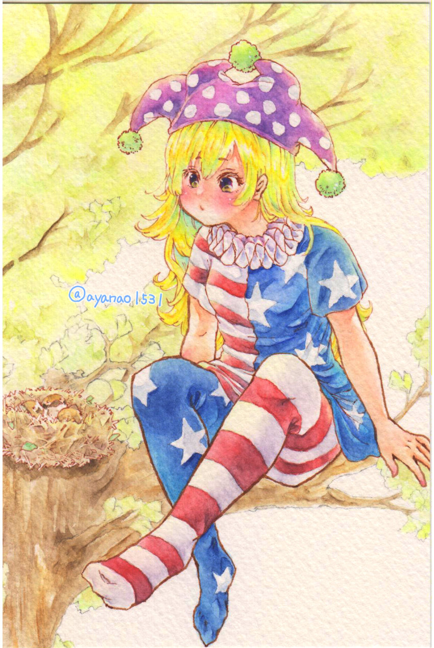1girl, american_flag_dress, american_flag_legwear, baby_animal, bird, bird_nest, blonde_hair, blush, breasts, chick, clownpiece, ginkgo_leaf, ginkgo_tree, hair_between_eyes, hat, highres, in_tree, jester_cap, leaf, long_hair, neck_ruff, no_shoes, outdoors, purple_hat, shin1ar24, short_hair, sitting, sitting_in_tree, small_breasts, solo, touhou, traditional_media, tree, watercolor_pencil_(medium)