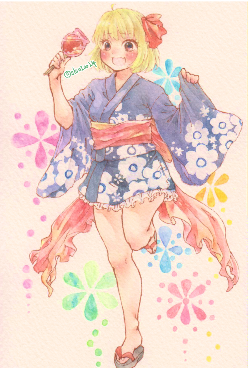 1girl, back_bow, blonde_hair, blue_kimono, bow, brown_eyes, fang, frilled_kimono