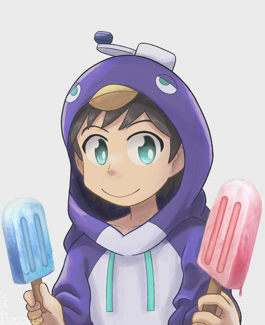 1boy, bird, blue_eyes, cosplay, daipenmon, daipenmon_(cosplay), digimon, food, highres, himi_tomoki, penguin, popsicle, smile, solo