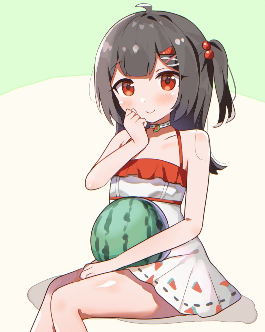 bad_id, bad_twitter_id, black_hair, choker, collarbone, dress, emi_suika, food