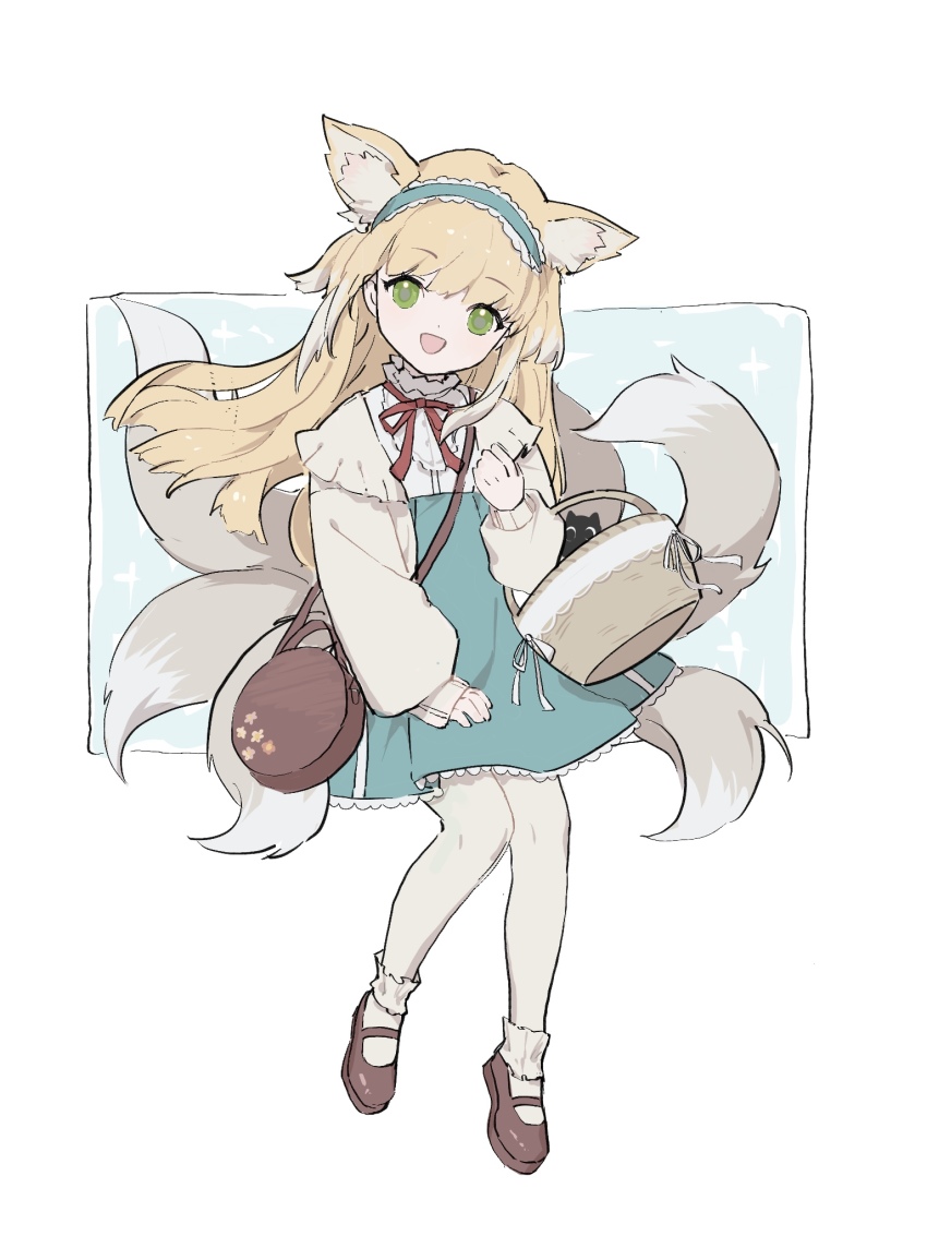 1girl, :d, animal_ear_fluff, animal_ears, arknights, bag, basket, blonde_hair