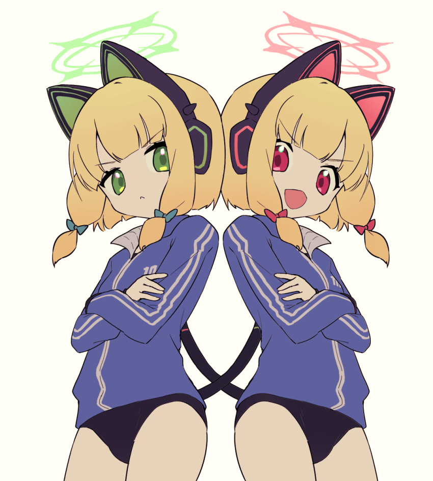 2girls, :d, animal_ear_headphones, animal_ears, black_buruma, blonde_hair, blue_archive, blue_jacket