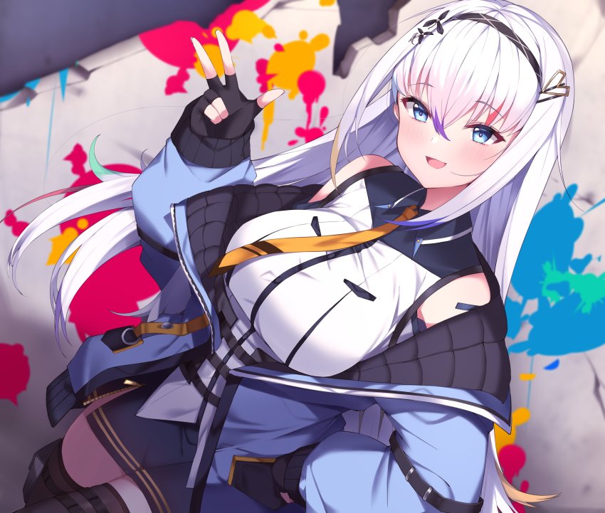 1girl, absurdres, black_gloves, black_hairband, black_thighhighs, blue_eyes, breasts, gloves