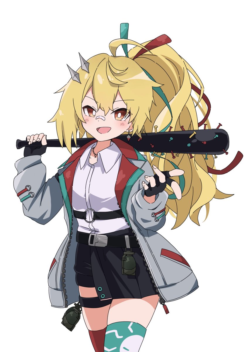 1girl, absurdres, baseball_bat, belt, black_belt, black_shorts, blonde_hair, blue_jacket