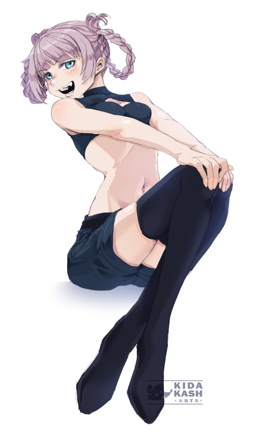 1girl, bare_shoulders, black_shorts, blue_eyes, cleavage_cutout, clothing_cutout, eye_contact, hair_rings