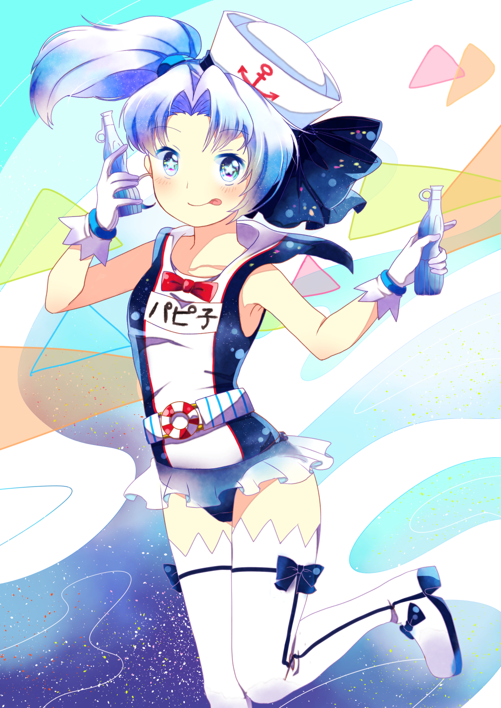 1girl, anchor_print, belt, blue_eyes, blue_hair, blush, boots, bottle, bow, bow_swimsuit, dixie_cup_hat, footwear_bow, gloves, hair_ornament, hat, highres, holding, holding_bottle, howaitosawa_papiko, lifebuoy_ornament, long_hair, military_hat, murasaki_gin'ya, name_tag, o-ring, o-ring_belt, one-piece_swimsuit, papico_(ice_cream), parted_bangs, pixiv_papico_design_contest, see-through_clothes, see-through_skirt, side_ponytail, skirt, smile, solo, standing, standing_on_one_leg, star-shaped_pupils, star_(symbol), swimsuit, symbol-shaped_pupils, thigh_boots, tongue, tongue_out