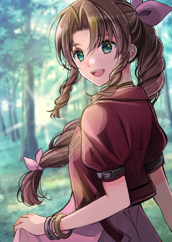 1girl, aerith_gainsborough, bangle, black_choker, bracelet, braid, braided_ponytail, brown_hair, choker, cropped_jacket, dress, final_fantasy, final_fantasy_vii, final_fantasy_vii_remake, forest, green_eyes, hair_ribbon, jacket, jewelry, long_hair, looking_back, nature, open_mouth, outdoors, parted_bangs, pink_dress, pink_ribbon, puffy_short_sleeves, puffy_sleeves, red_jacket, ribbon, ruiki_(fkhv7527), short_sleeves, sidelocks, sleeping_forest, smile, solo, square_enix, teeth, tree, upper_body, upper_teeth_only