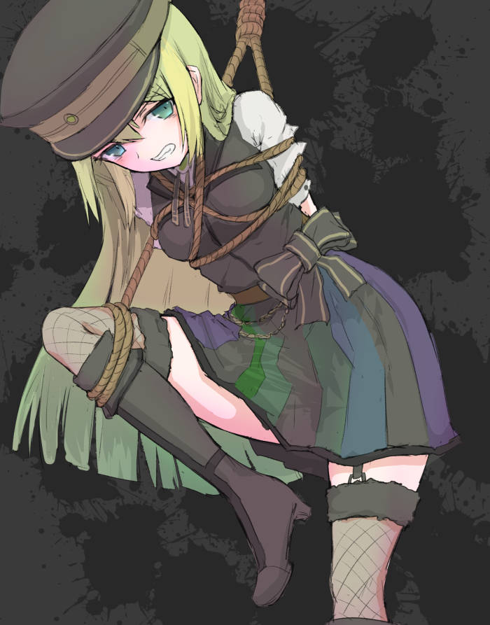 alina_gray, aqua_eyes, bdsm, black_boots, black_bow, black_hat, black_necktie, black_thighhighs