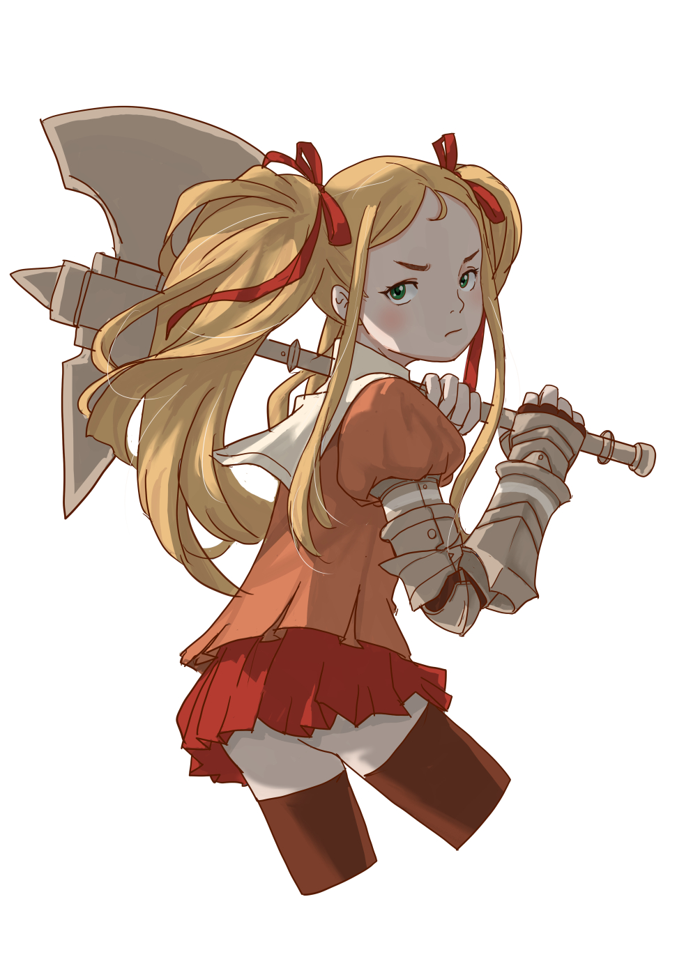 1girl, aki_hiro, axe, blonde_hair, brown_thighhighs, cropped_legs, frown, gauntlets