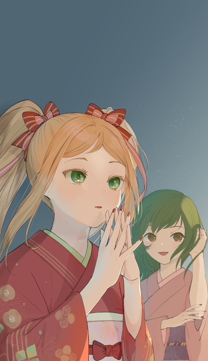 2girls, bow, brown_eyes, brown_kimono, burisuke, green_eyes, green_hair, grey_background, hair_bow, highres, japanese_clothes, kimono, long_hair, multiple_girls, nail_polish, natalie_(radiata_stories), obi, own_hands_together, radiata_stories, red_bow, red_kimono, red_nails, ridley_timberlake, sash, simple_background, twintails