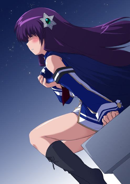 1girl, arm_support, banpresto, bioroid_hei, black_boots, black_legwear, blunt_bangs, blush