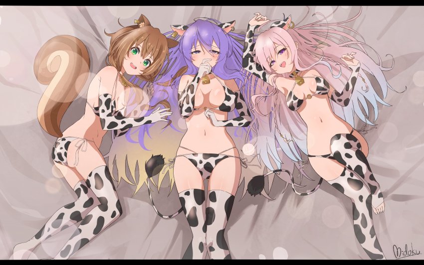 3girls, absurdres, airani_iofifteen, animal_ears, animal_print, ayunda_risu, bed, bed_sheet, bikini, blush, breasts, brown_hair, cow_print, detached_sleeves, embarrassed, fake_animal_ears, gloves, green_eyes, highres, hololive, hololive_indonesia, long_hair, medium_breasts, midoku_(itijikusakura), moona_hoshinova, multiple_girls, pink_eyes, purple_hair, signature, small_breasts, squirrel_girl, squirrel_tail, swimsuit, tail, thighhighs, toeless_legwear, virtual_youtuber, white_hair