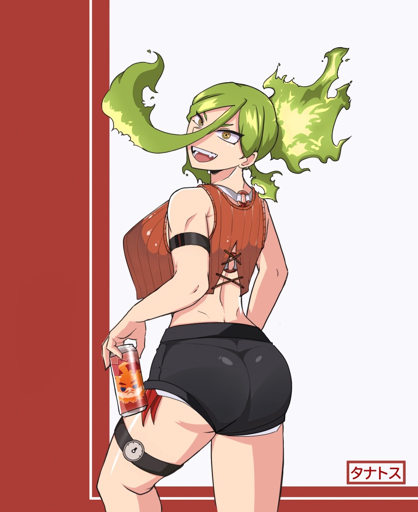 1girl, absurdres, ass, bikini, boku_no_hero_academia, breasts, burnin_(boku_no_hero_academia), clothes, green_hair, hair_between_eyes, highres, huge_ass, kinaee, large_breasts, long_hair, open_mouth, simple_background, smile, solo, swimsuit, upper_body, white_background
